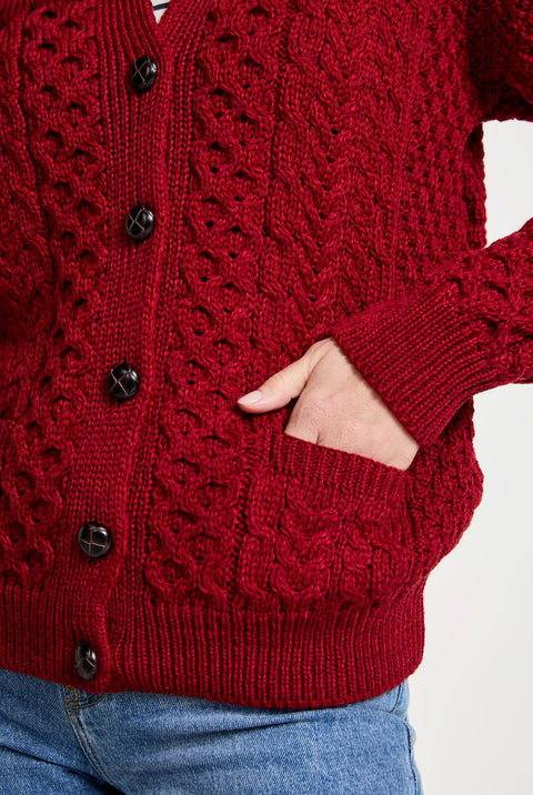 Achill Island Damen Aran Strickjacke - Rot