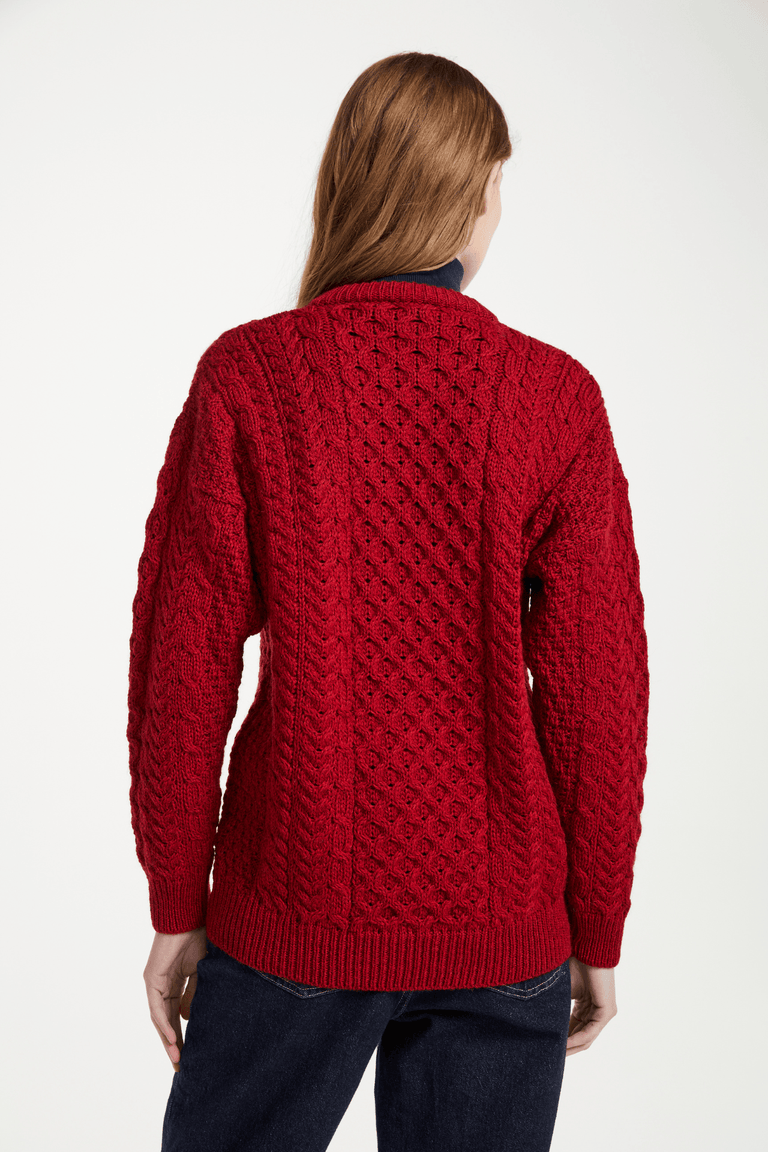 Cardigan Aran en laine mérinos Achill Island pour femme - Rouge