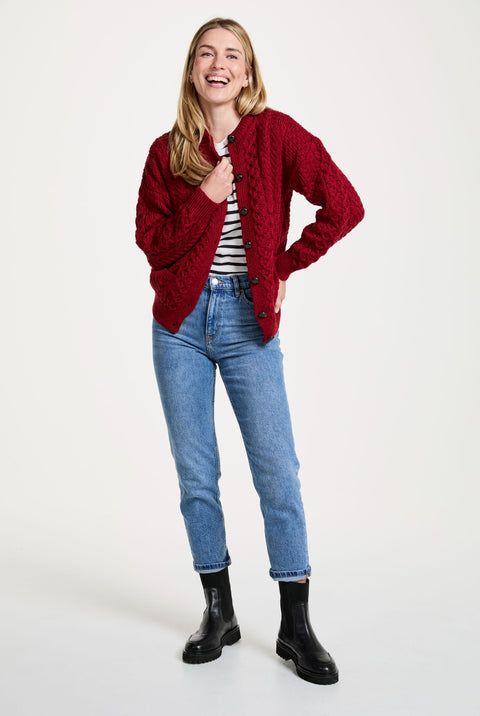 Achill Island Ladies Aran Cardigan - Red