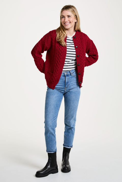 Achill Island Ladies Aran Cardigan - Red