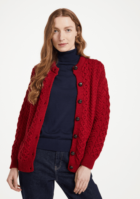 Cardigan Aran en laine mérinos Achill Island pour femme - Rouge