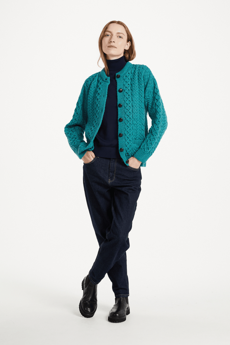 Achill Island Ladies Merino Aran Cardigan - Teal