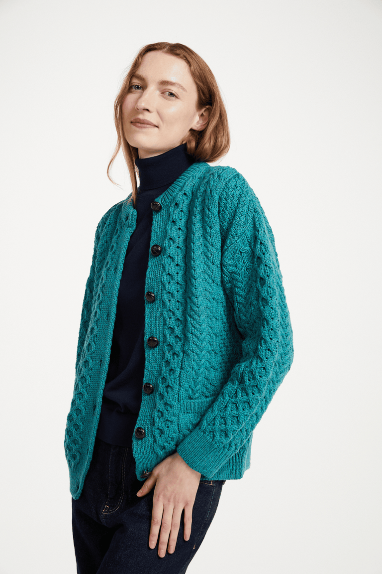 Achill Island Ladies Merino Aran Cardigan - Teal