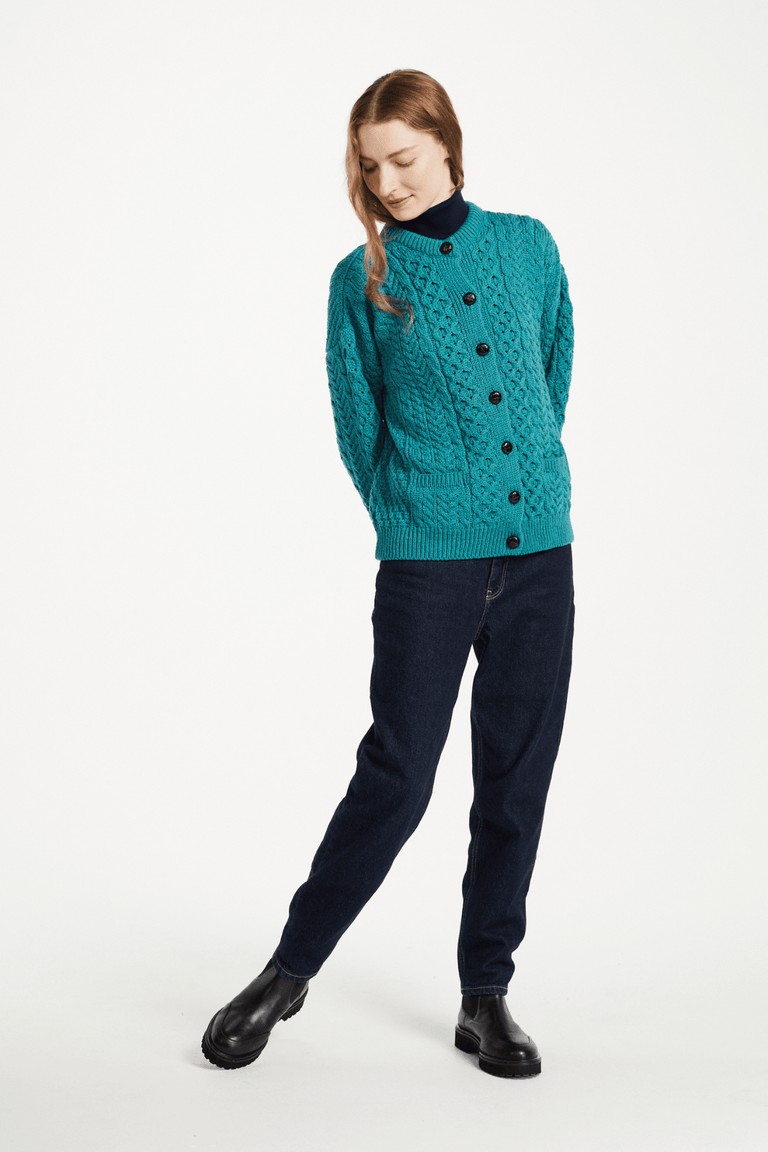 Achill Island Ladies Merino Aran Cardigan - Teal