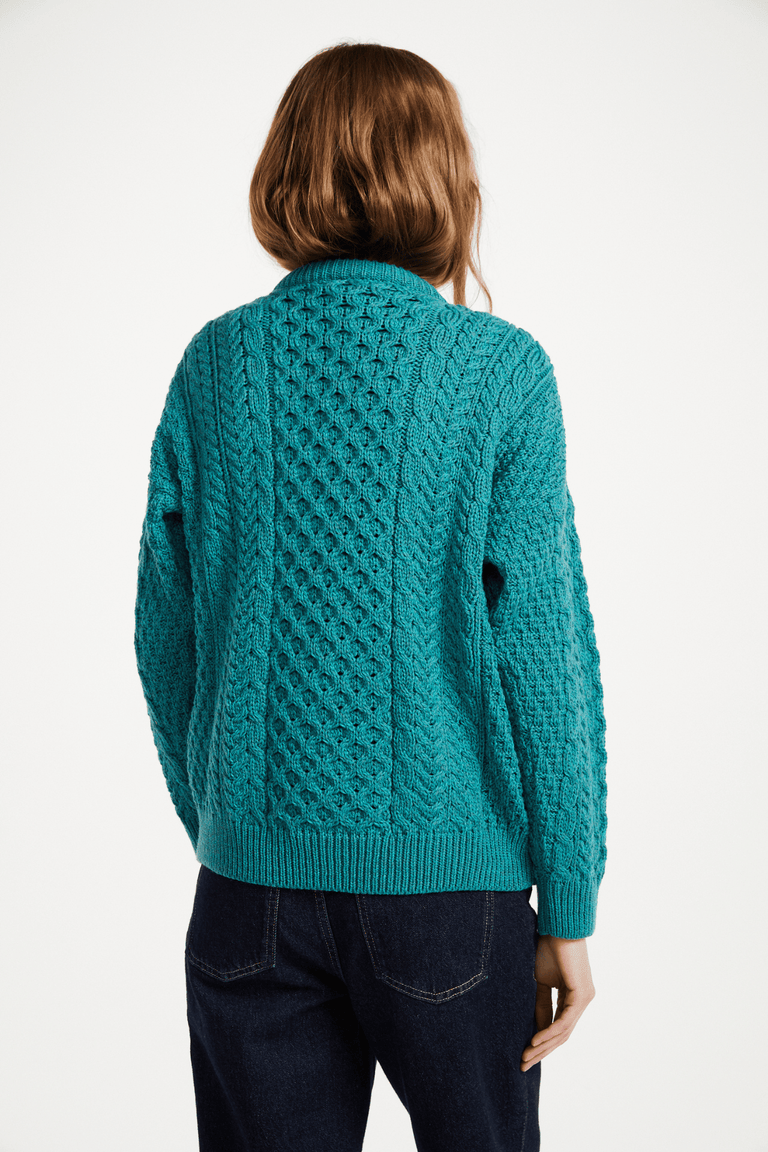 Achill Island Ladies Merino Aran Cardigan - Teal