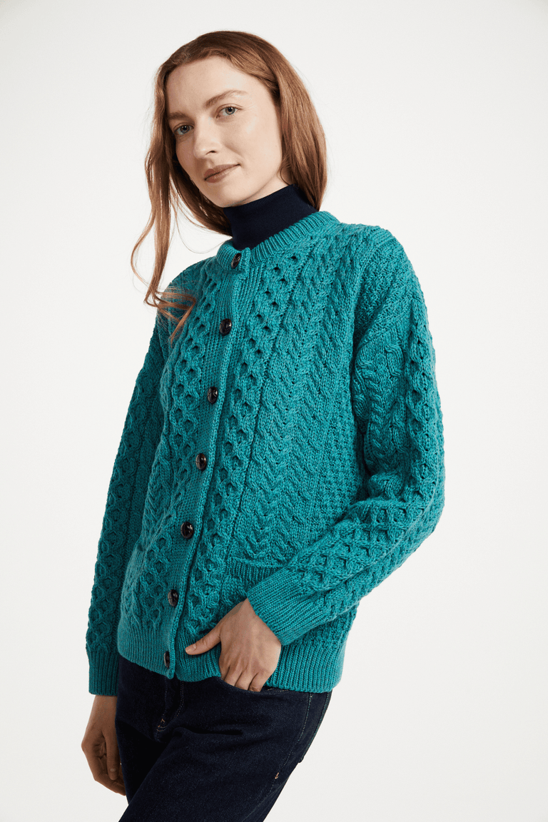 Achill Island Ladies Merino Aran Cardigan - Teal