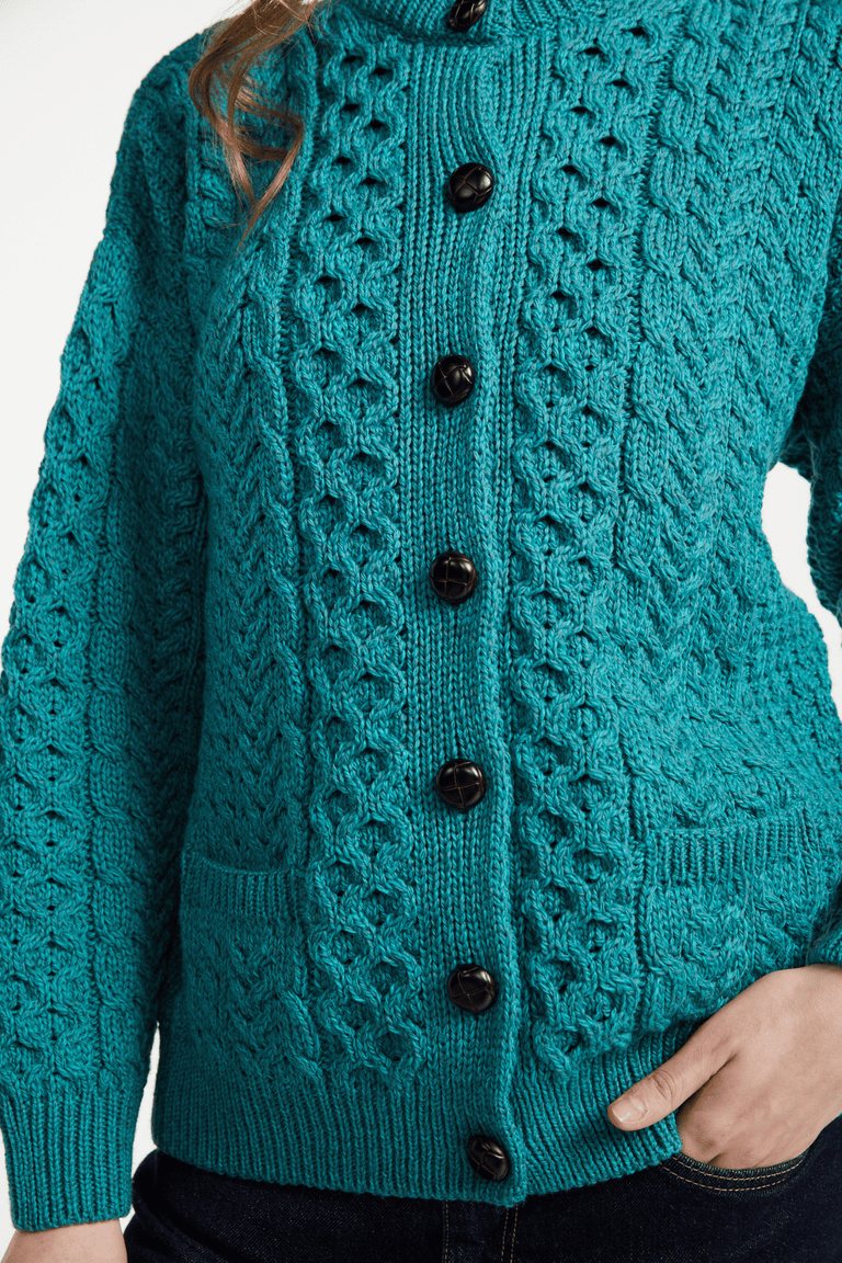 Achill Island Ladies Merino Aran Cardigan - Teal