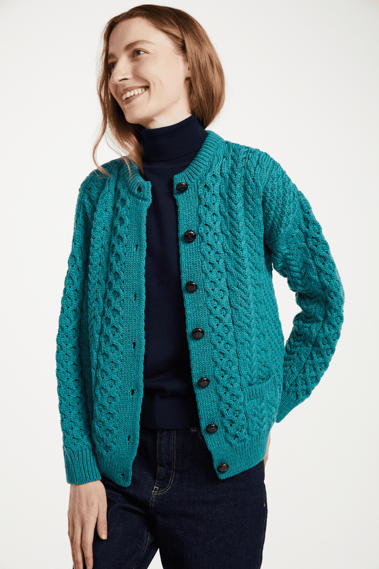 Achill Island Ladies Merino Aran Cardigan - Teal