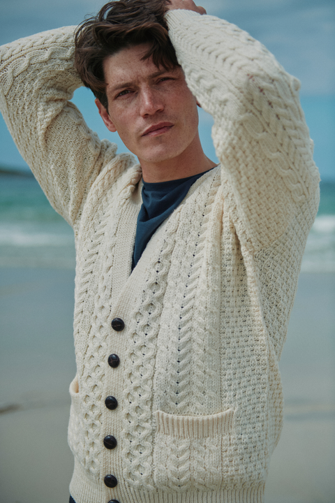 Clare Island Mens Merino Aran Cardigan -  Cream