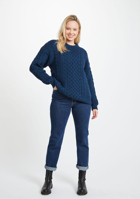 mens sweater, merino wool, made in Ireland, knitwear, wool jumper, crew neck,aran, Ireland, cable knit, unisex, blue