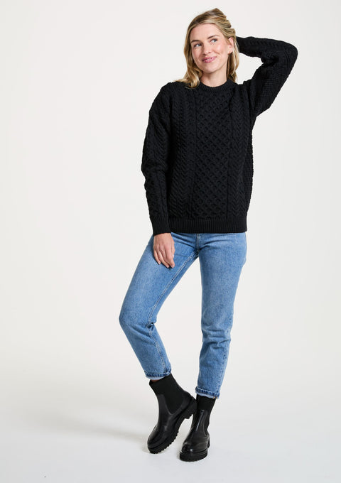 mens sweater, merino wool, made in Ireland, knitwear, wool jumper, crew neck,aran, Ireland, black, unisex, cable knit