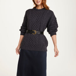 Inisheer Traditional Ladies Merino Aran Sweater - Charcoal