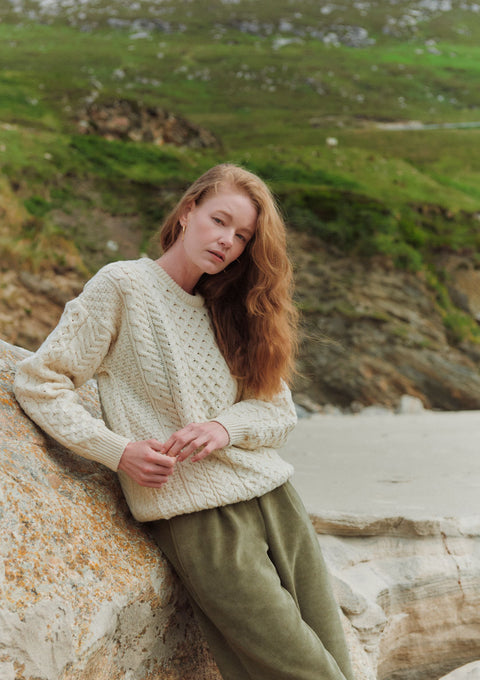 Inisheer Ladies Traditional Merino Aran Sweater - Cream