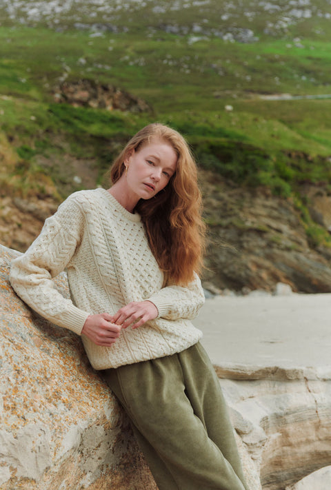 Inisheer Ladies Traditional Merino Aran Sweater - Cream