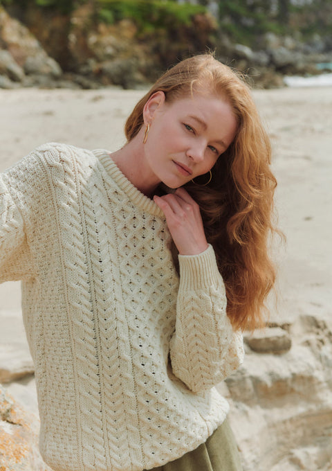Inisheer Ladies Traditional Merino Aran Sweater - Cream