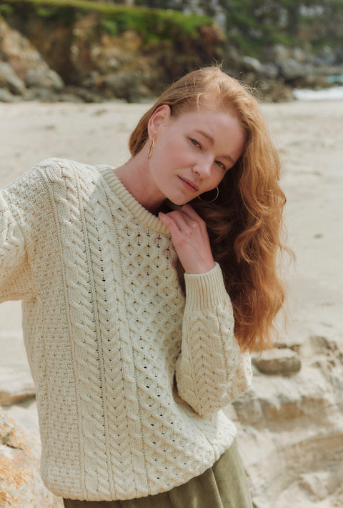 Inisheer Ladies Traditional Merino Aran Sweater - Cream