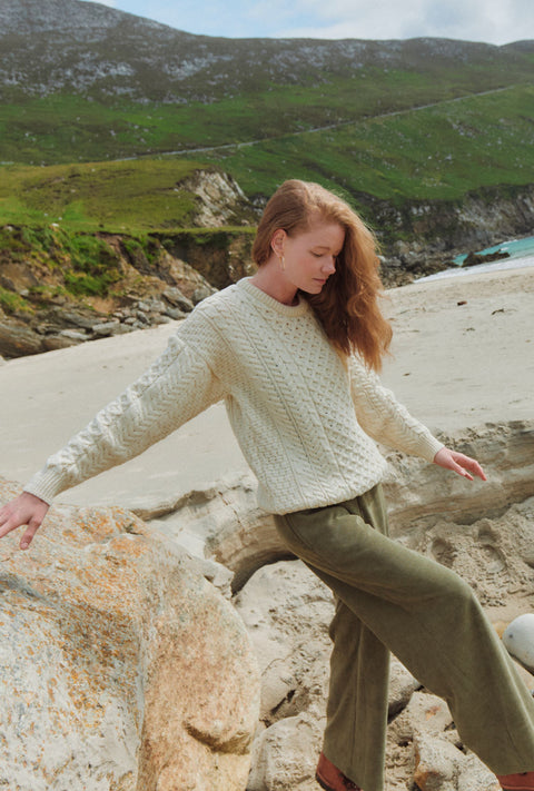 Inisheer Ladies Traditional Merino Aran Sweater - Cream