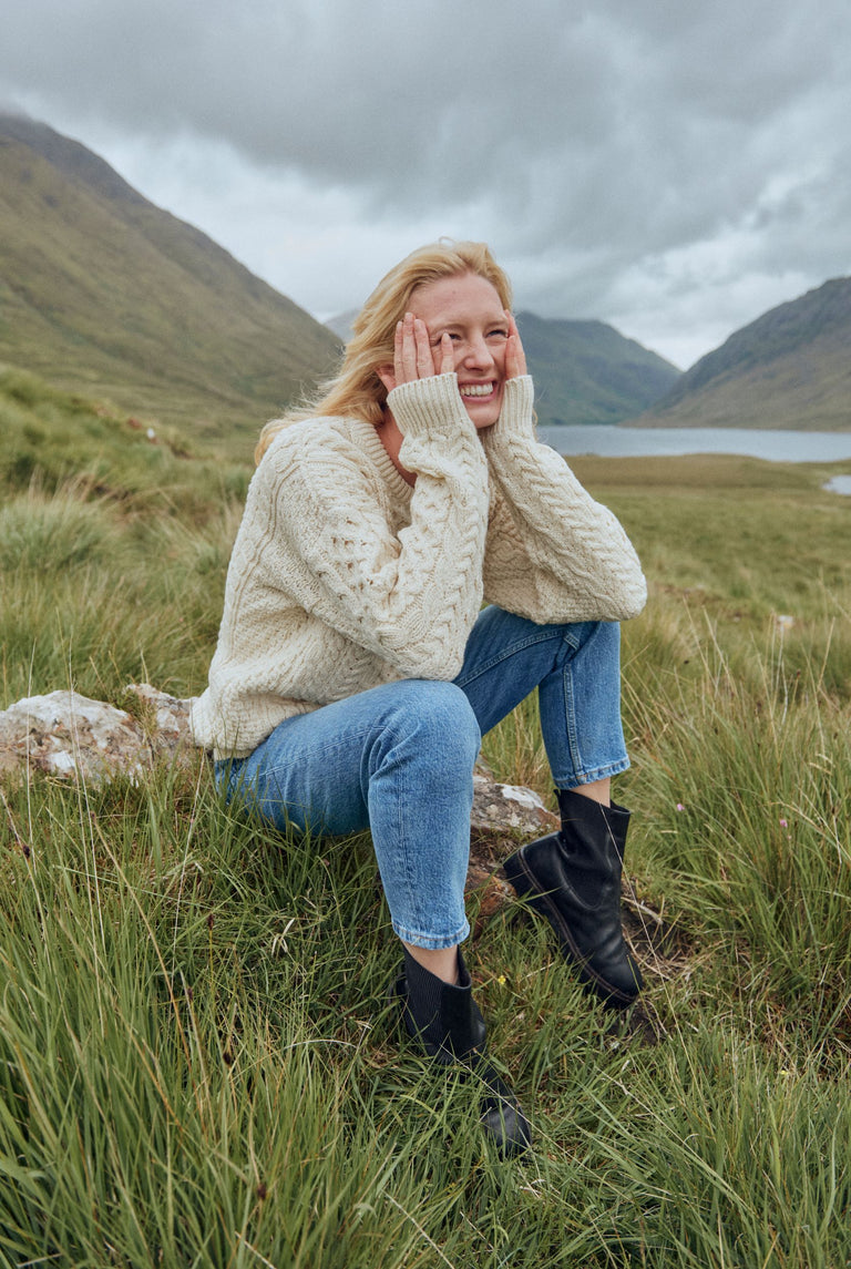 Inisheer Traditioneller Aran-Pullover für Damen – Creme