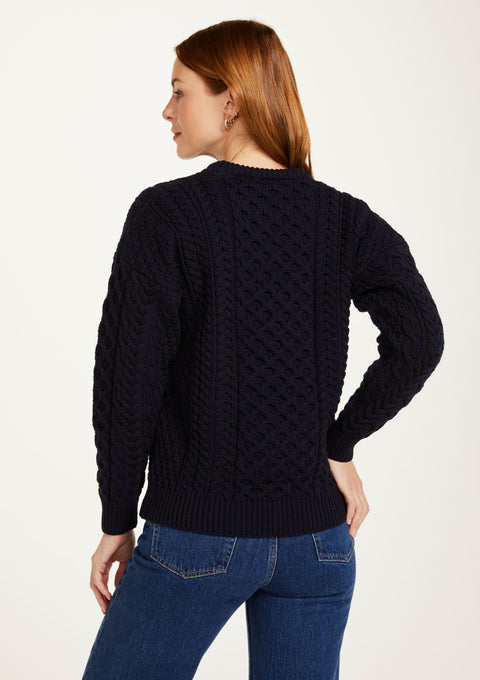 Ladies sweater, navy, merino wool, made in Ireland, knitwear, women's sweater, crew neck,aran, Ireland, jumper