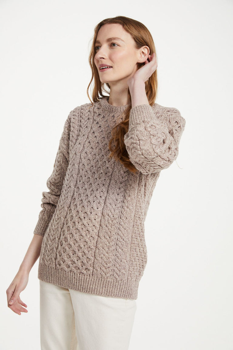 Inisheer Traditional Ladies Merino Aran Sweater - Oat