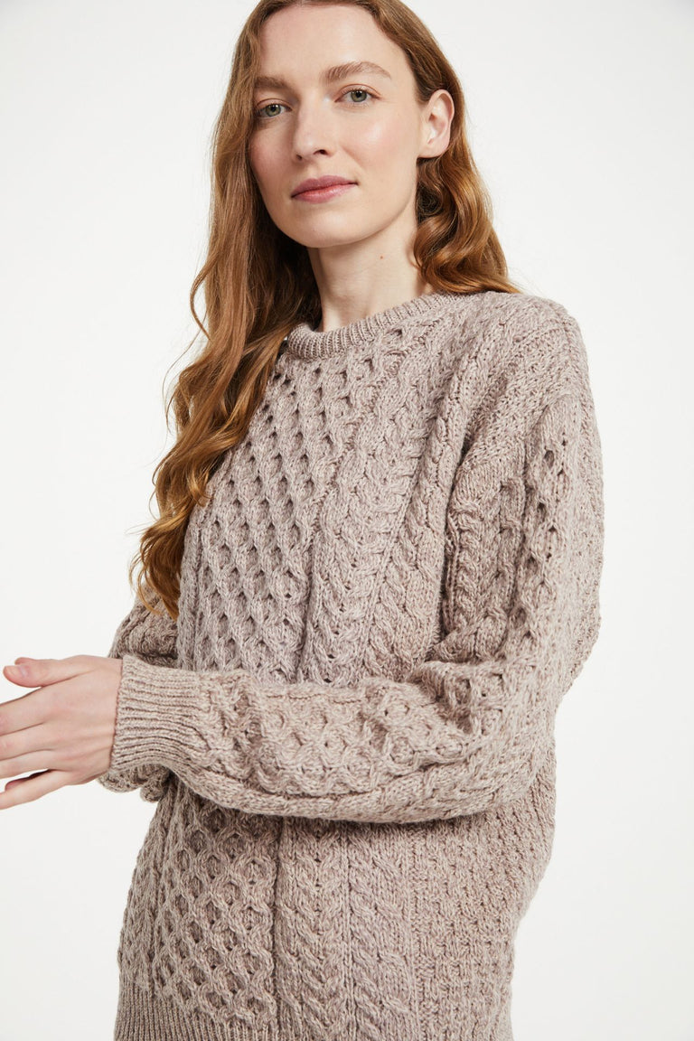 Inisheer Traditional Ladies Merino Aran Sweater - Oat