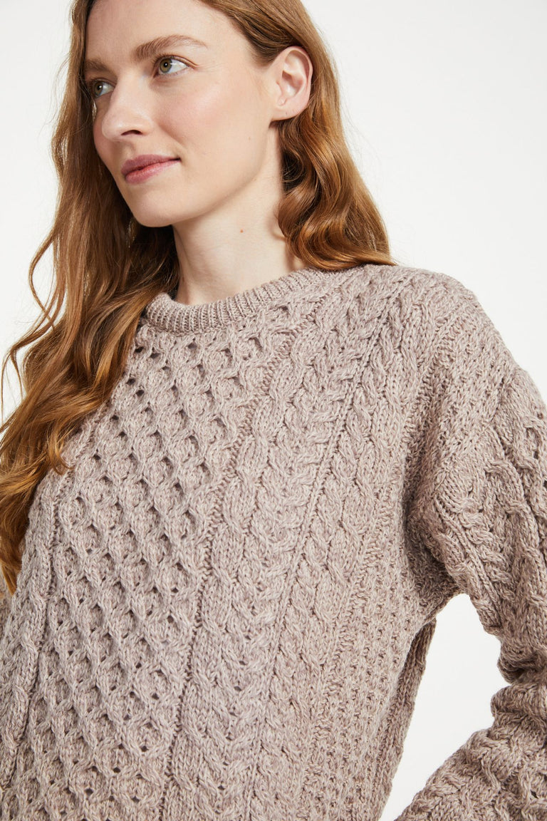 Inisheer Traditional Ladies Merino Aran Sweater - Oat