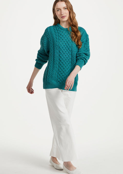 Inisheer Traditional Ladies Merino Aran Sweater - Teal