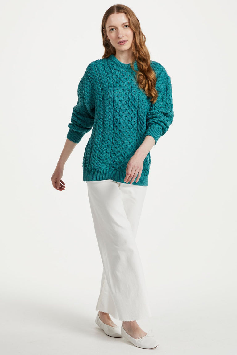 Inisheer Traditional Ladies Merino Aran Sweater - Teal