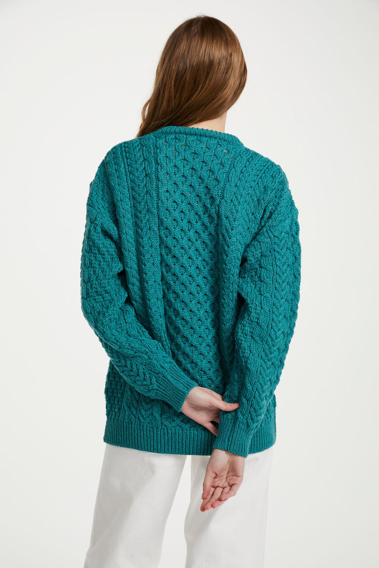 Inisheer Traditional Ladies Merino Aran Sweater - Teal