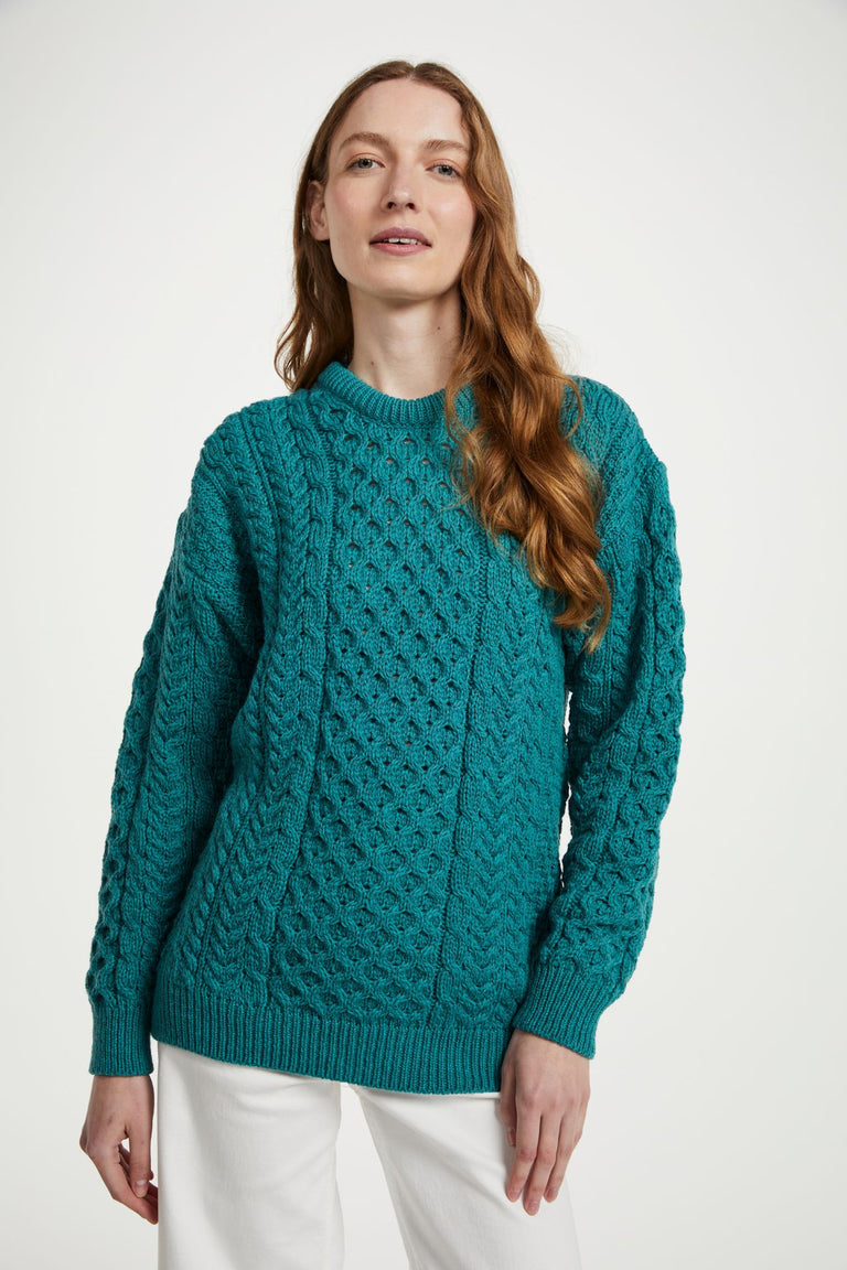 Inisheer Traditional Ladies Merino Aran Sweater - Teal