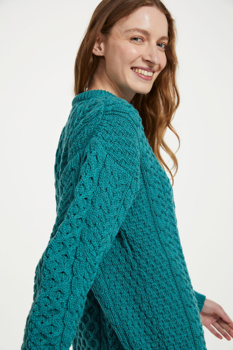 Inisheer Traditional Ladies Merino Aran Sweater - Teal