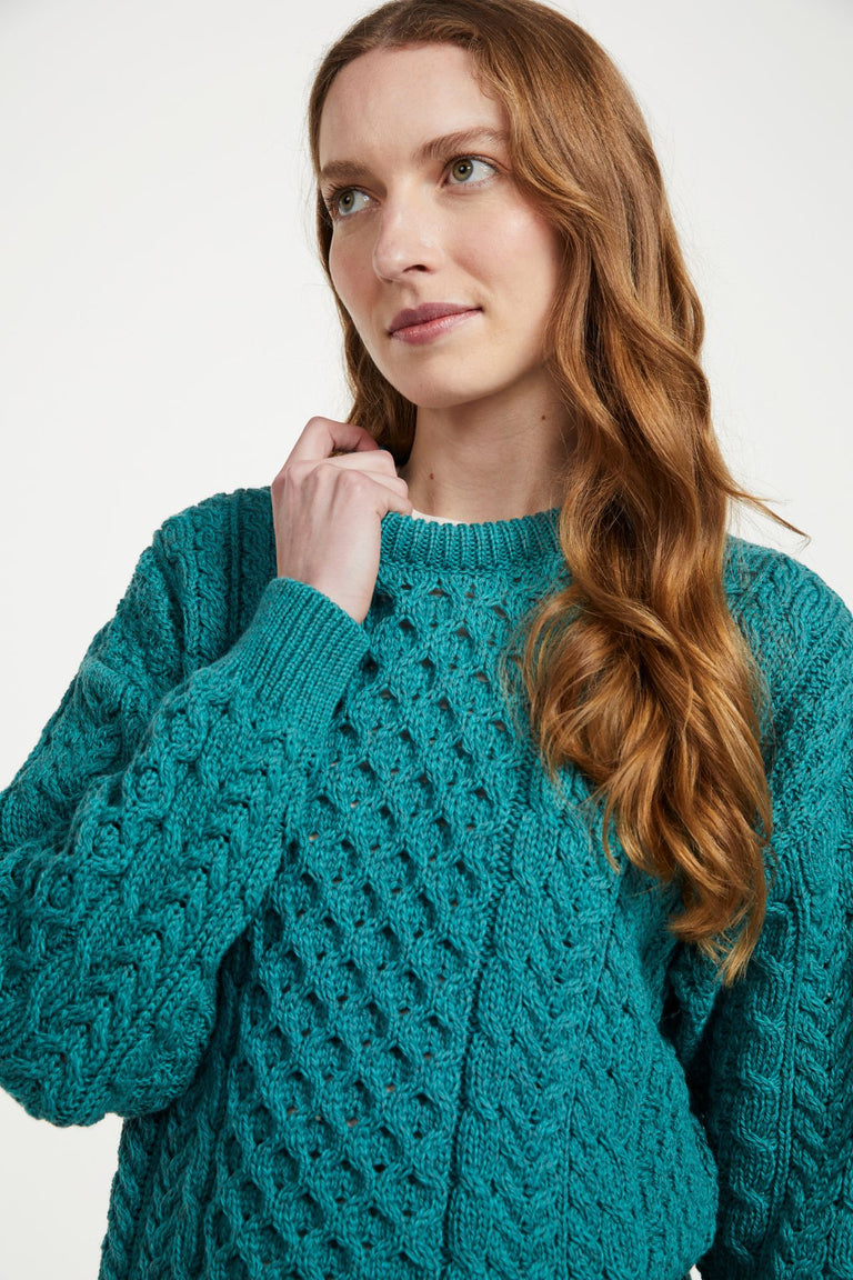 Inisheer Traditional Ladies Merino Aran Sweater - Teal