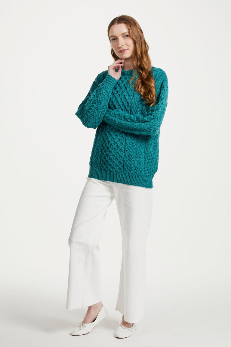 Inisheer Traditional Ladies Merino Aran Sweater - Teal