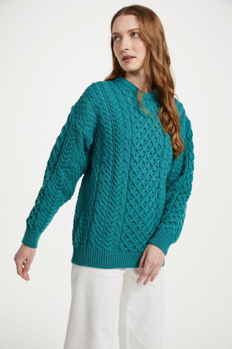 Inisheer Traditional Ladies Merino Aran Sweater - Teal