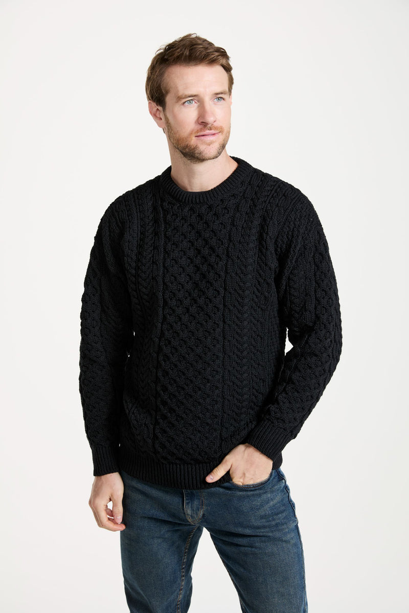 Made in Ireland, knitwear, men's sweater, Aran sweater, merino wool, cable knit, unisex, fisherman, black jumper