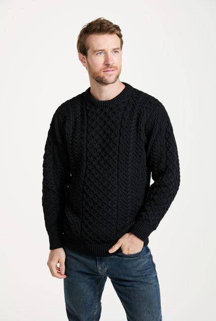 Made in Ireland, knitwear, men's sweater, Aran sweater, merino wool, cable knit, unisex, fisherman, black jumper