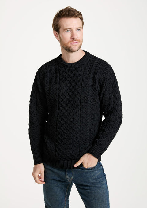Made in Ireland, knitwear, men's sweater, Aran sweater, merino wool, cable knit, unisex, fisherman, black jumper