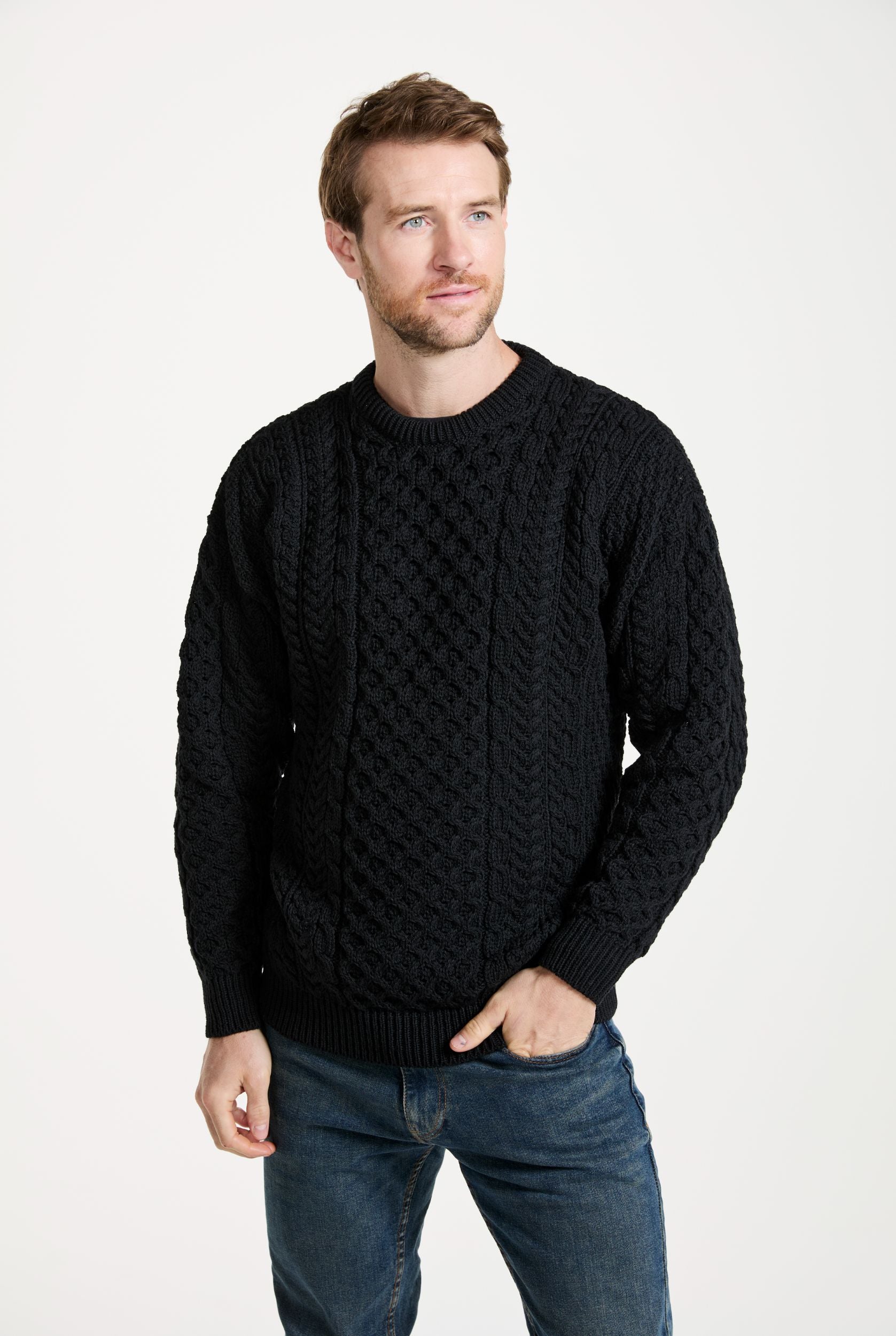 Inisheer Traditional Mens Merino Aran Sweater Black