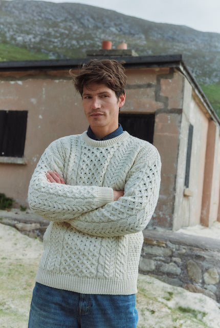 Inisheer Traditional Mens Merino Aran Sweater - Cream