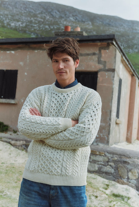 Inisheer Traditioneller Herren-Merino-Aran-Pullover – Creme