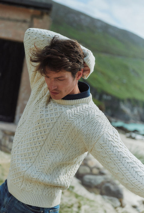 Inisheer Traditioneller Herren-Merino-Aran-Pullover – Creme