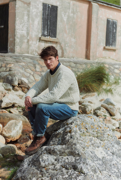 Inisheer Traditioneller Herren-Merino-Aran-Pullover – Creme
