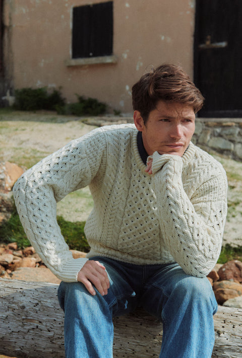 Inisheer Traditioneller Herren-Merino-Aran-Pullover – Creme