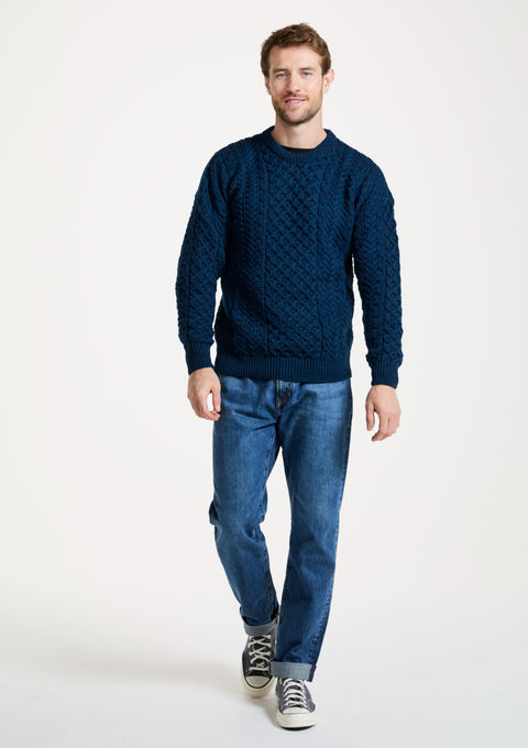 mens sweater, merino wool, made in Ireland, knitwear, wool jumper, crew neck,aran, Ireland, cable knit, unisex, blue