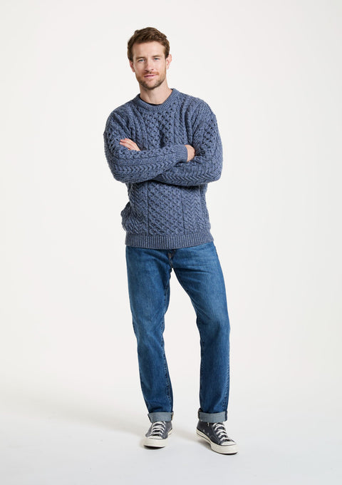 men's sweater, merino wool, made in Ireland, knitwear, crew neck sweater,aran sweater, Ireland, blue, knitwear, cable knit, unisex