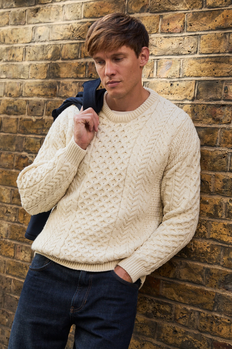 Inisheer Traditional Mens Merino Aran Sweater - Cream
