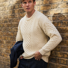 Inisheer Traditional Mens Merino Aran Sweater - Cream
