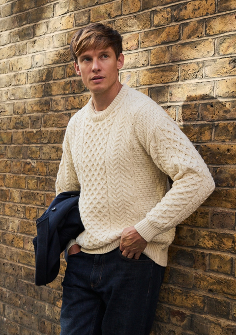 Inisheer Traditional Mens Merino Aran Sweater - Cream