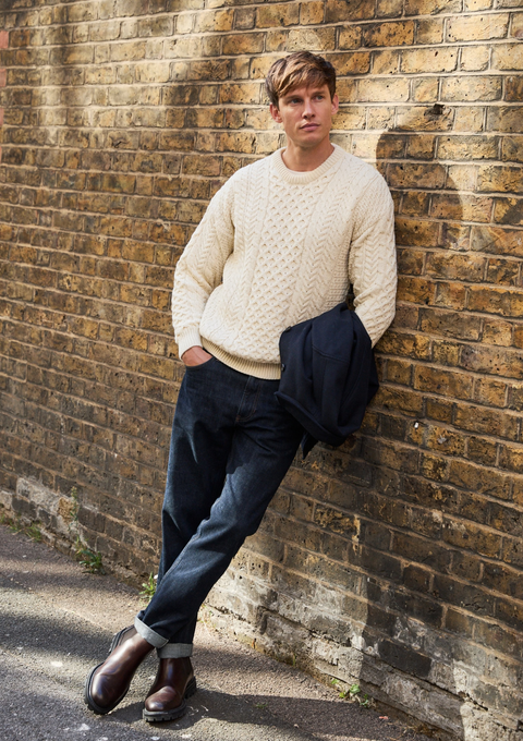 Inisheer Traditional Mens Merino Aran Sweater - Cream