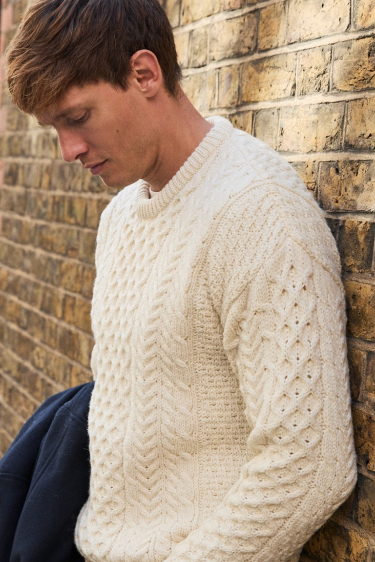 Inisheer Traditional Mens Merino Aran Sweater - Cream